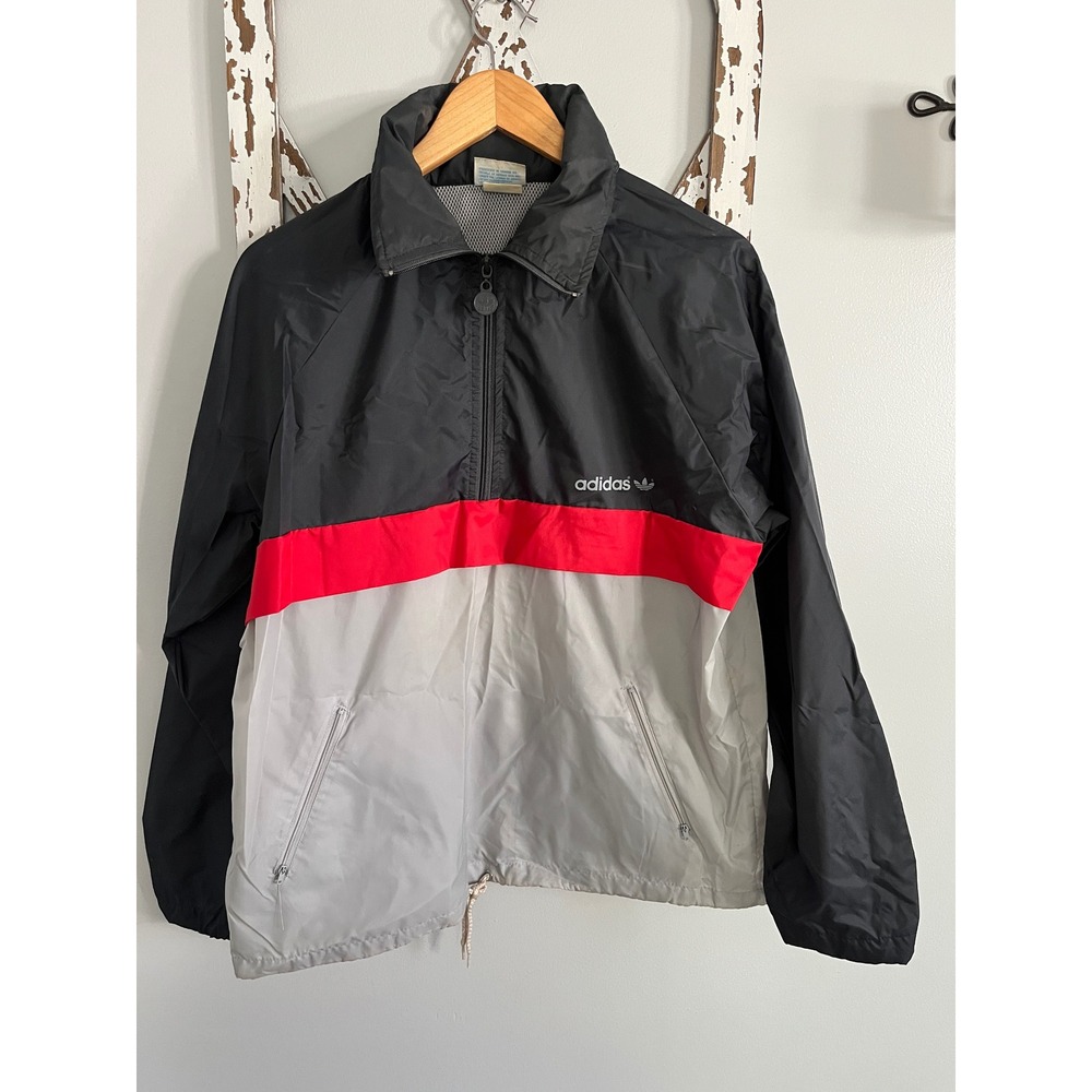 VTG Adidas Jacket Men's Medium Gray Nylon Windbreaker Lightweight Hidden Hood